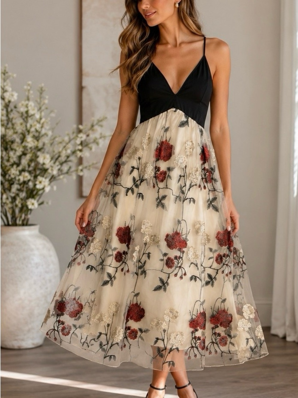 Black & Cream Midi Dress with Red Floral Embroidery